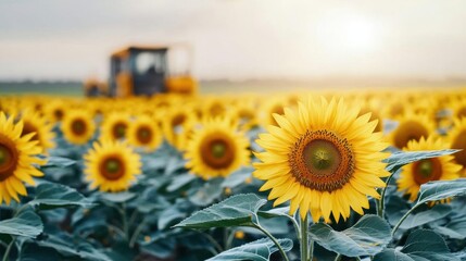Vibrant field of sunflowers being harvested for biomass energy production, Sustainable Energy, Biomass, renewable energy through nature s bounty