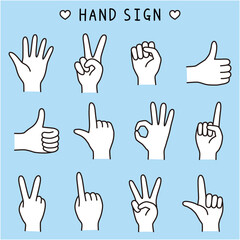 Obraz premium 手のベクターイラストセット。アイコン、ハンドサイン、指、ピース
