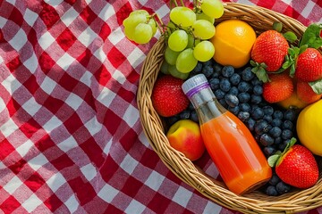 Vibrant Picnic Basket with Fresh Berries, Grapes, and Juice on a Red Checkered Blanket