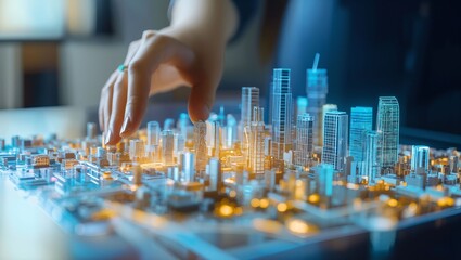 Obraz premium Crafting Tomorrow's Urban Landscape: A Hand Interacting With a Detailed Scale Model of a City, Illuminating Future Possibilities and Urban Design Innovations