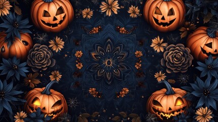 A dark floral mandala with Halloweenthemed elements like spiders and jackolanterns, Halloween, Floral, ornate and spooky mandala design