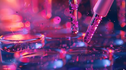 Colorful laboratory scene with pipettes and petri dishes, showcasing scientific experimentation.