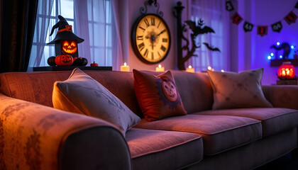 A cozy living room decorated for Halloween
