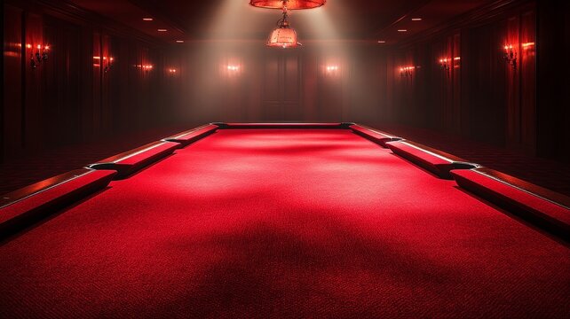 Luxurious billiard room with a red pool table in the center