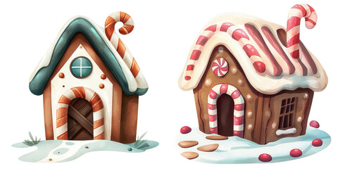 Colorful and whimsical gingerbread houses decorated with candy for a festive holiday theme.