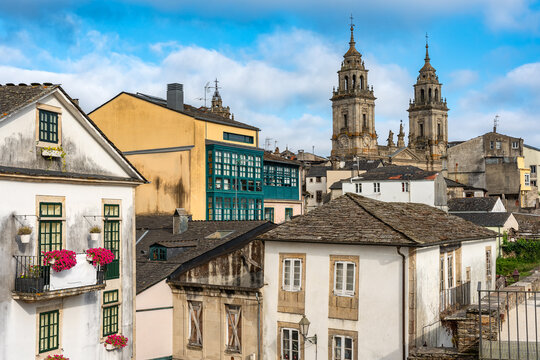 Cityscape of the city of Lugo, a World Heritage Site, from its perfectly preserved Roman wall.