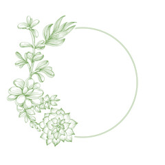 Circle frame with Succulent. Hand drawn round line border, leaves and flowers, wedding invitation and cards, logo design and posters template. Elegant minimal style floral vector isolated 