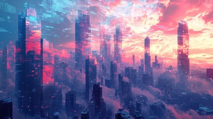 Fototapeta premium Futuristic Cityscape with Pink and Blue Digital Overlay