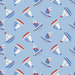 Seamless pattern with ships and steamboat. Children's illustration for textile.