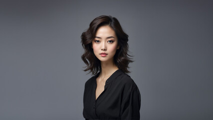 Obraz premium Stunning portrait of a young Japanese woman exuding natural beauty. Brunette hair and flawless skin complement her captivating gaze. Studio shot with copy space, ideal for beauty and fashion