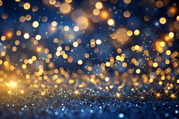 abstract background with Dark blue and gold particle. Christmas Golden light shine particles bokeh on navy blue background. Gold foil texture. Holiday concept. Hd quality.