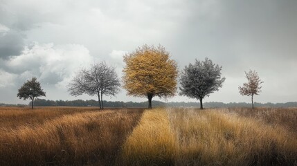 Fototapeta premium Five Trees in a Field with Cloudy Sky and Tall Grass