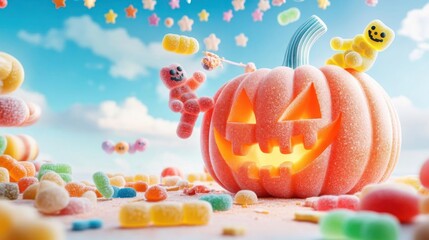 Giant pumpkin made of candy being carved by spooky gummy bears, under a sky filled with candy stars, Halloween, Candyland, fun and sweet Halloween celebration