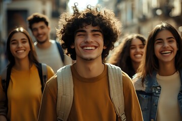 Fototapeta premium Happy Young Friends Walking Together in City Street, Smiling and Laughing - Friendship, Urban Life, Joy, Positive Energy, Fun