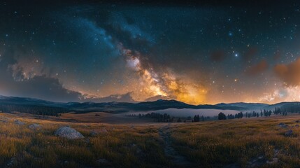 Fototapeta premium Milky Way Over Foggy Mountain Meadow