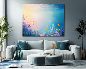 Colorful underwater scene with coral reef and fish, perfect for home decor.