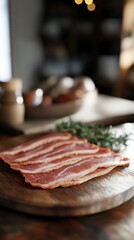 Close-up of raw bacon slices on wooden board with blurred background, perfect for food, culinary, and kitchen-related content.