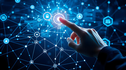 hand pushing a button on the touch screen interface Businesswomen is using a laptop to access the cloud computing system, cloud computing, big data, internet of things, business processes, 