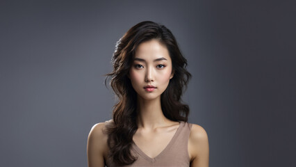 Naklejka premium Radiant young Japanese woman with flawless skin and natural beauty. Brunette with neat hair, gazing confidently at camera. Studio shot, perfect for beauty and cosmetic campaigns