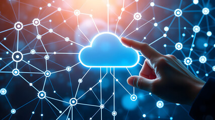 social network concept Businesswomen is using a laptop to access the cloud computing system, cloud computing, big data, internet of things, business processes, various storage systems