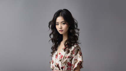 Radiant young Japanese woman with flawless skin and natural beauty. Brunette with neat hair, gazing confidently at camera. Studio shot, perfect for beauty and cosmetic campaigns