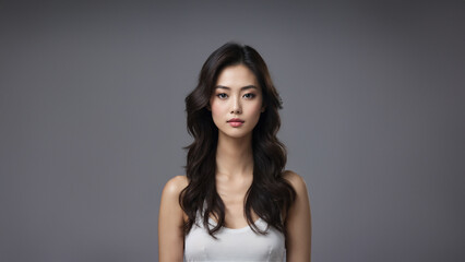 Naklejka premium Radiant young Japanese woman with flawless skin and natural beauty. Brunette with neat hair, gazing confidently at camera. Studio shot, perfect for beauty and cosmetic campaigns