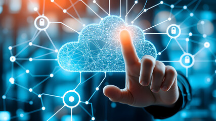 hand pushing a button on a touch screen Businesswomen is using a laptop to access the cloud computing system, cloud computing, big data, internet of things, business processes, various storage systems