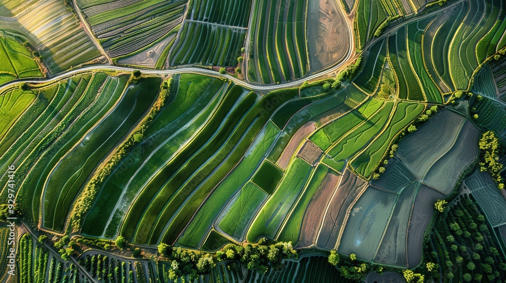 Poster present an aerial view of farmland with a focus on the intricate patterns created by irrigation syst