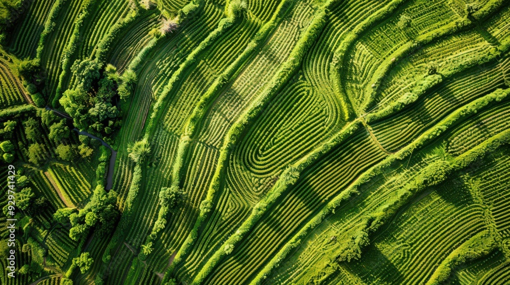 Poster present an aerial view of farmland with a focus on the intricate patterns created by irrigation syst
