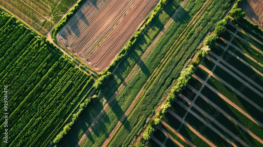 Poster present an aerial view of farmland with a focus on the intricate patterns created by irrigation syst