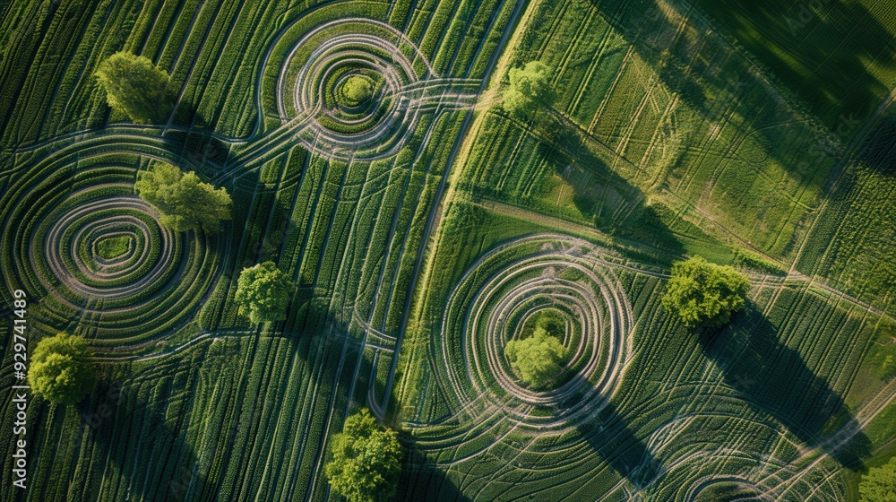 Poster present an aerial view of farmland with a focus on the intricate patterns created by irrigation syst