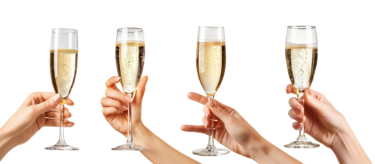 Set of elegant female hands holding glasses of white wine or champagne, cut out
