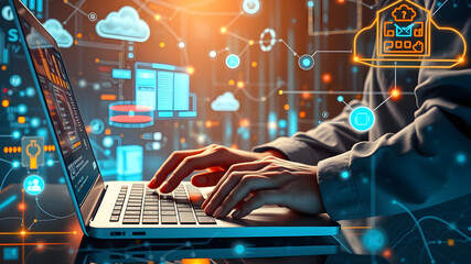 Businessperson is using a laptop to access the cloud computing system, cloud computing, big data, internet of things, business processes, various storage systems