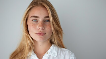 Fototapeta premium Close-up of a young woman with natural makeup and freckles.