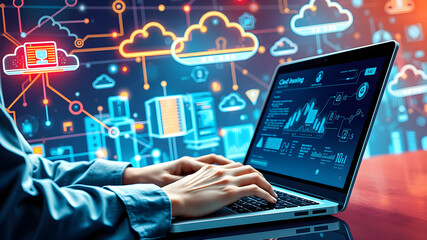 Businessperson is using a laptop to access the cloud computing system, cloud computing, big data, internet of things, business processes, various storage systems