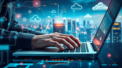 Businessperson is using a laptop to access the cloud computing system, cloud computing, big data, internet of things, business processes, various storage systems