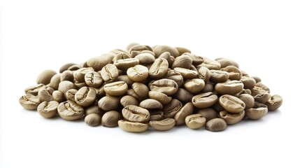 a pile of green coffee beans on a white background