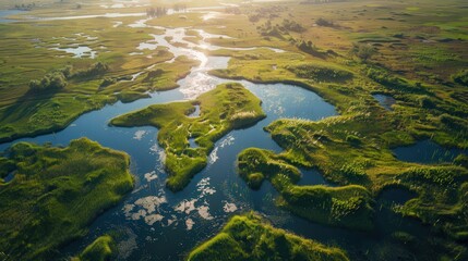 Obraz premium Present an aerial view of wetlands during a clear day, with sunlight creating patterns of shadows on the surface of the marshy terrain