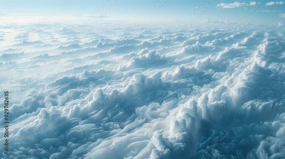 Poster present an artistic view of cloud streets from above, parallel rows of cumulus clouds aligning with 