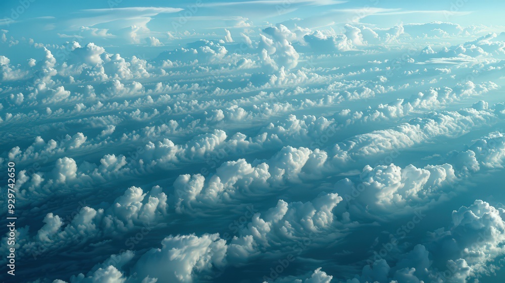 Poster present an artistic view of cloud streets from above, parallel rows of cumulus clouds aligning with 