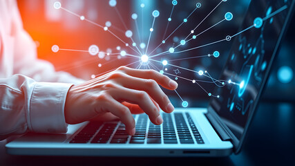 Businessperson is using a laptop to access the cloud computing system, network computing, big data, internet of things, business processes, various storage systems