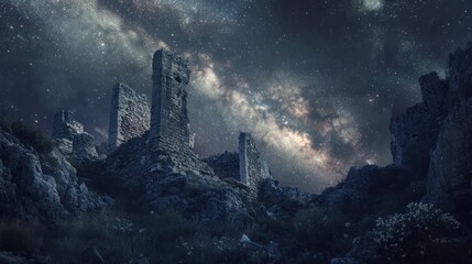 Fototapeta premium Ancient Stone Ruins Under a Starry Night Sky