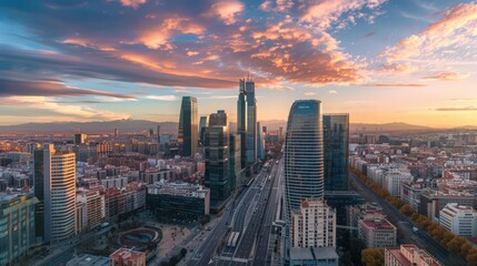 Obraz premium Present an expansive view of Madrid's financial district, highlighting its sleek office towers and bustling business activity from above.