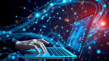 Businessperson is using a laptop to access the cloud computing system, network computing, big data, internet of things, business processes, various storage systems