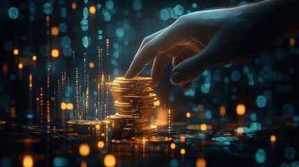 Hand reaching for a stack of digital coins, virtual wealth, 3D illustration