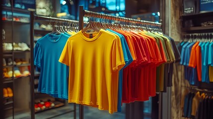 Fototapeta premium Display of colorful t-shirts arranged in a retail store.