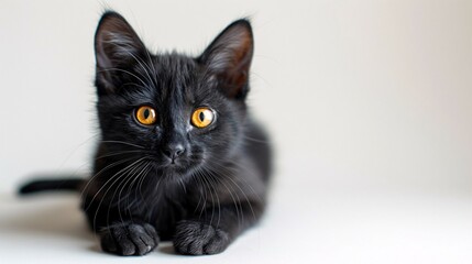 A dark feline with golden pupils perches against a blank canvas, exuding a curious and vigilant expression.