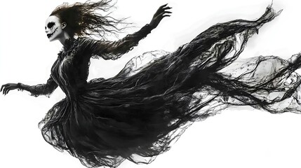 Fototapeta premium A haunted dancer in a tattered dress, floating gracefully, wearing an eerie Halloween mask, gothic style, isolated on white background
