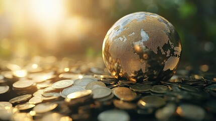 Coins forming a globe, symbolizing global wealth, 3D illustration