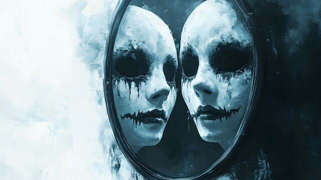 A haunted mirror reflecting eerie Halloween party masks, digital painting, dark and mysterious atmosphere, cinematic lighting, isolated on white background